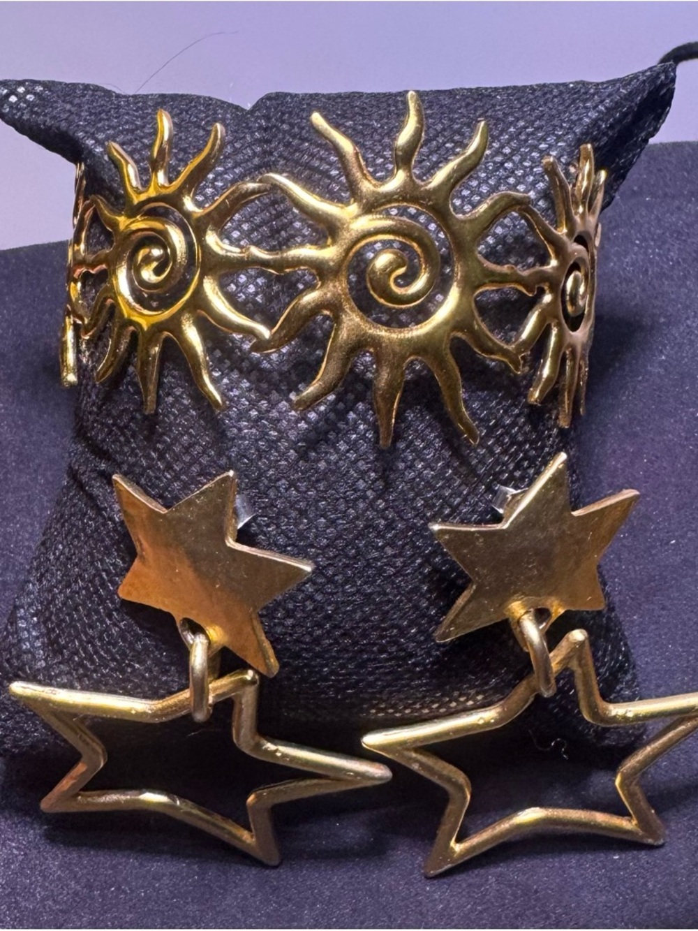 Gold Sunburst Bracelet and Star Drop Earrings Set “Celestial Jewelry Set”